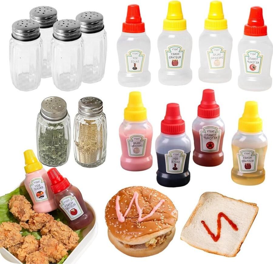 Zoutvaatjes en sausflessen set van 4 Mini-zoutvaatjes voor onderweg met pepervaatje 50 ml kruidenstrooier voor bento box outdoor grill en thuis Zoutvaatje
