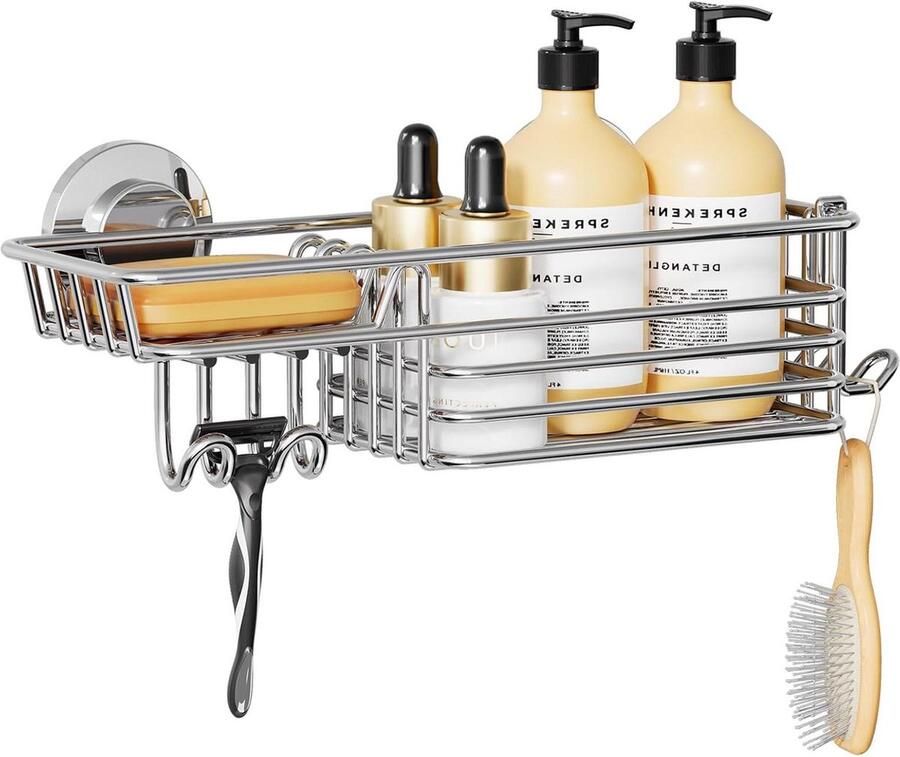 Zuignap Douche Caddy met Haken en Zeephouder Zware Badkamer Organizer Roestvrij Staal Geen Boren