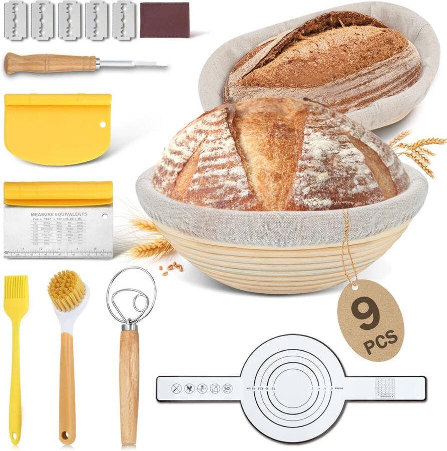 Zuurdesem brood bakken starter set 7 delig bakmat lame mes deegschraper rijsmand deegmesje banneton broodmesje rijsmandje broodbakken rond deegkleed