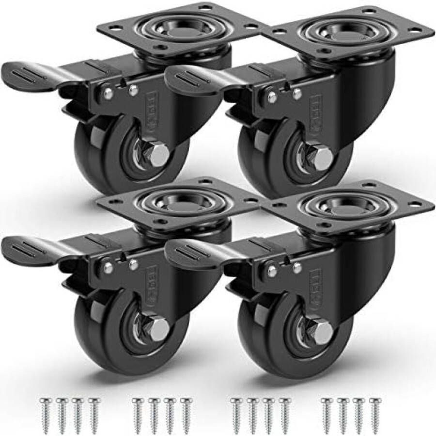 Zwaarlast Zwenkwielen met 4 Remmen + Schroeven 50 mm tot 200 kg 4 Stuks zonder Vloersporen Stille Zwenkwielen voor Meubels Rubberen Trolley Wielen
