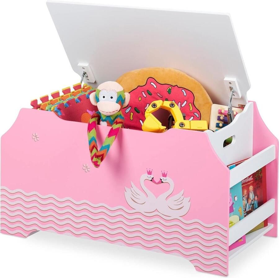 Zwanenhart speelgoedkist opbergkist met klep Vakken voor boeken HBD 46x84x425 cm Speelgoedbox roze wit