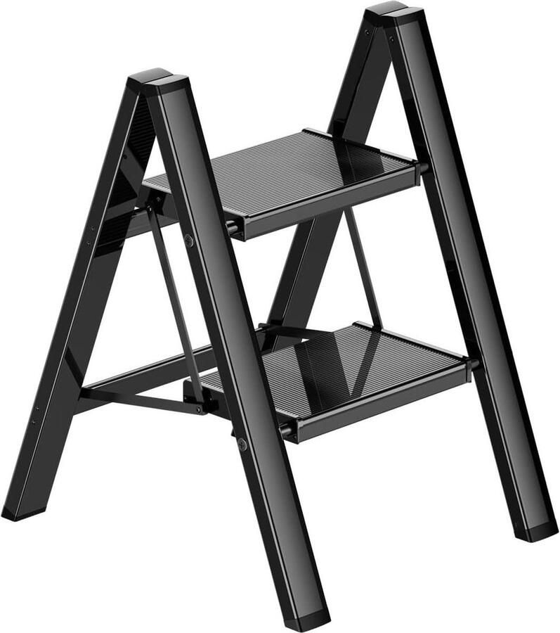 Zwart aluminium vouwladder Trapladder 2 treden inklapbaar Opstapkruk met anti-slip pedaal Max. 150 kg Trapladder