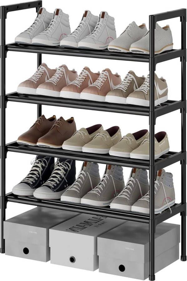 Zwart Extra Stevige Schoenenrek 16mm Pijp met 4 Niveaus Hoge Schoenenplank 8-12 Paar Schoenen Gang Woonkamer Afmeting 56 x 30 x 80cm