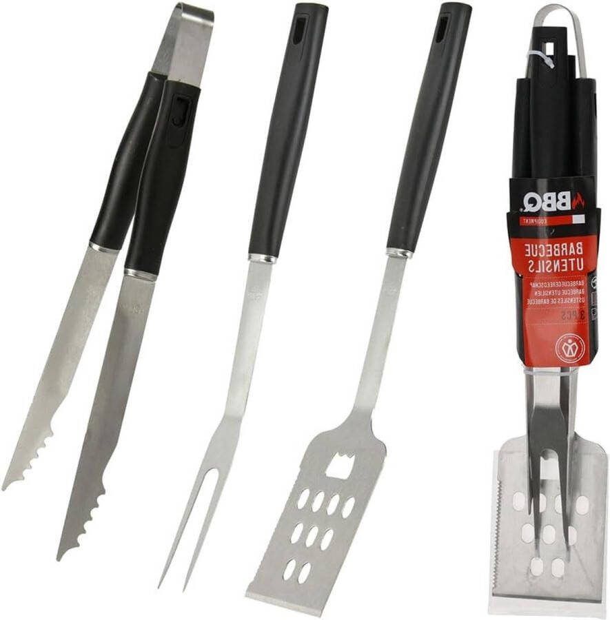 Zwart grillbestek 3-delig met BBQ tang en spatel barbecue set
