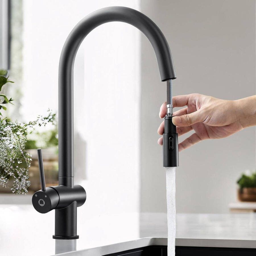 Zwart hogedruk keukenkraan met uitschuifbare douche 2 straalsoorten 360° mengkraan roestvrij staal Kraan