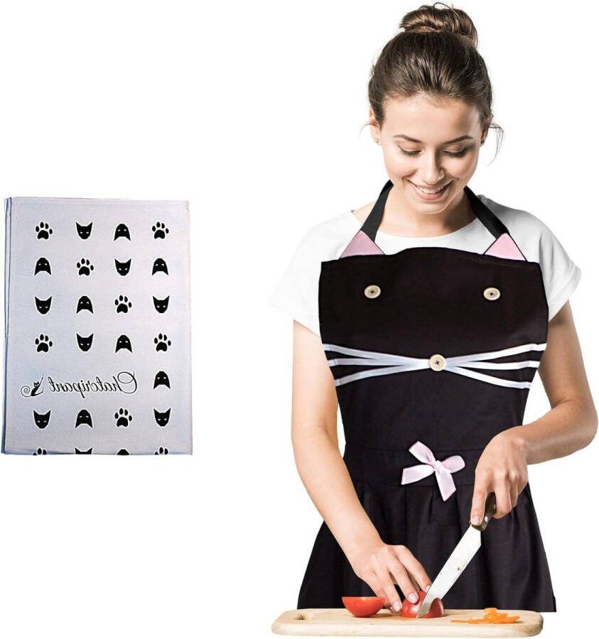 Zwart keukenschort met katmotief Hittebestendig Ovenhandschoenen Pannenlappen Theedoek Grappig cadeau-idee voor volwassenen en meisjes Chic design Fantasievol Voor moeder's verjaardag