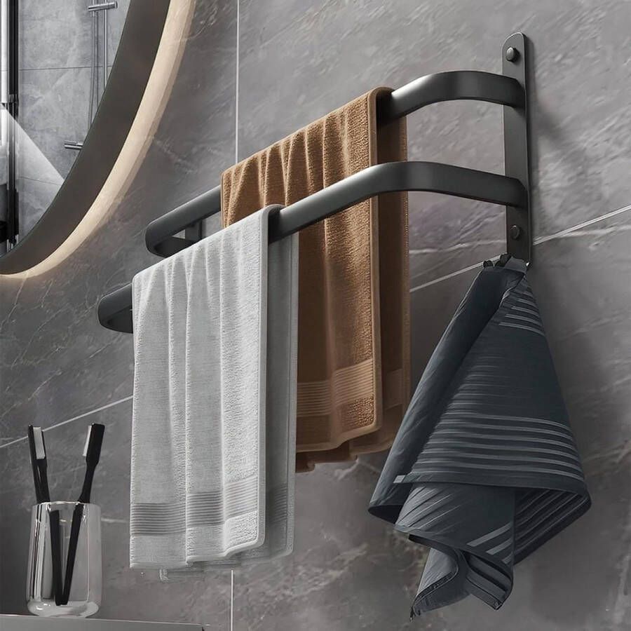 Zwart mat aluminium handdoekhouder wandmontage handdoekstang zonder boren gastenhanddoekhouder met 2 haken voor badkamer keuken toilet 40 cm 2 lagen