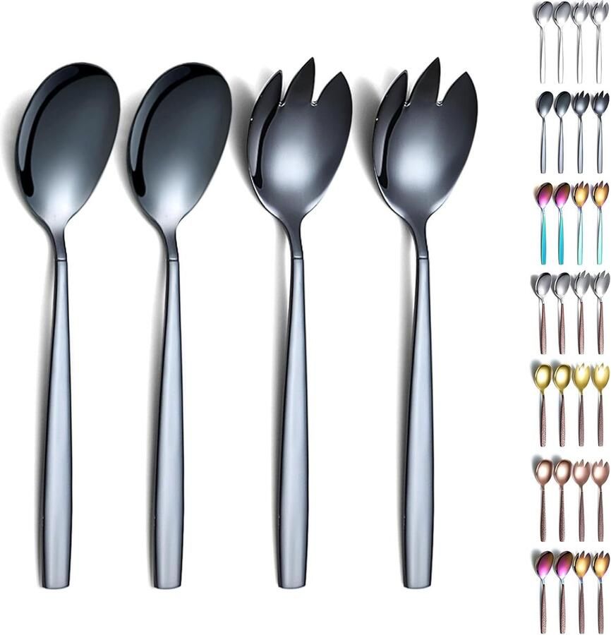 Zwart saladebestek zwart titanium coating roestvrij staal slabestek met zwarte titanium coating slalepel saladebestek saladevork 4-pack