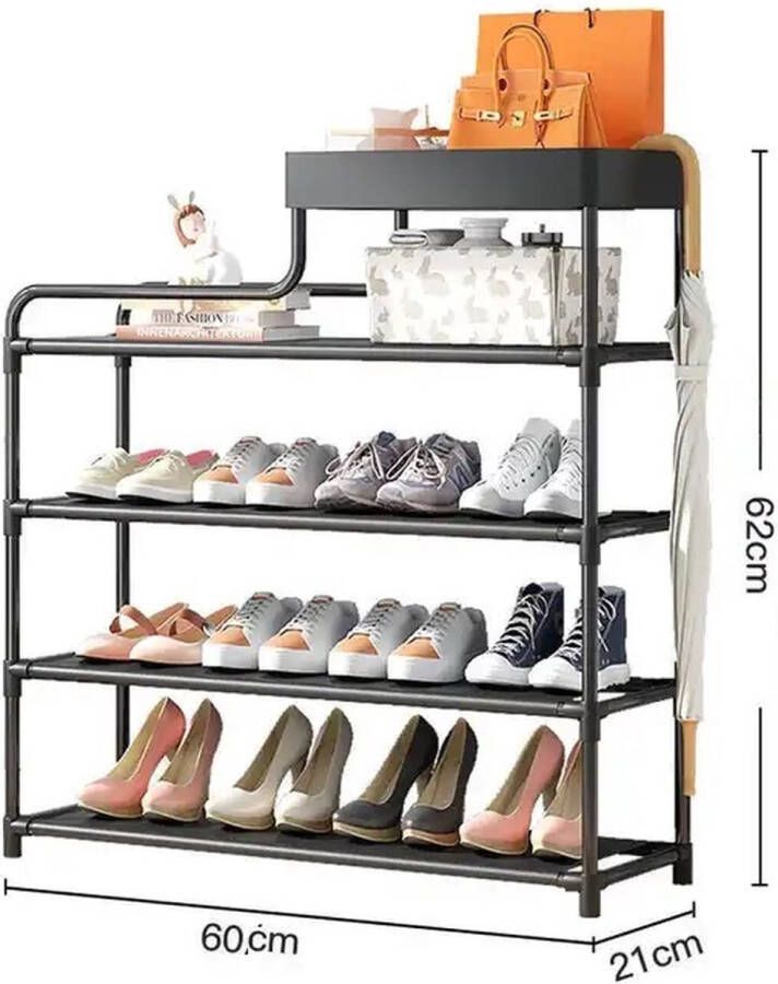 Zwart schoenenrek 4 lagen 24 schoenen Schoenenkast zwart Schoenenrek met opbergbak Schoenenrekje Schoenenopbergsysteem 60 x 21 x 62 CM