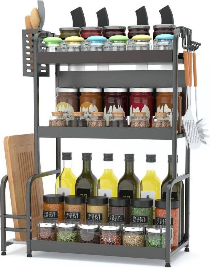 Zwart staand kruidenrek organizer metaal 63x49x22.5cm Spice rack with utensil holder voor keuken Fexplendid 3 layers