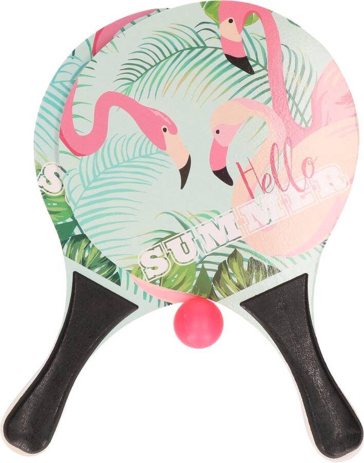 Zwarte beachball set met flamingoprint buitenspeelgoed Houten beachballset Rackets batjes en bal Tennis ballenspel