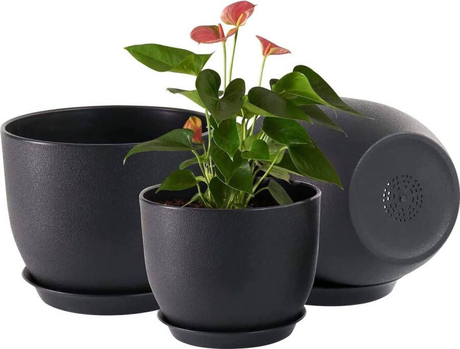 Zwarte bloempot 20 23 26 cm kunststof kruidenpot met drainagegaten en schoteltjes een set van 3 bloempotten eenvoudig mooi duurzaam en gemakkelijk te combineren met decoratieve stijlen