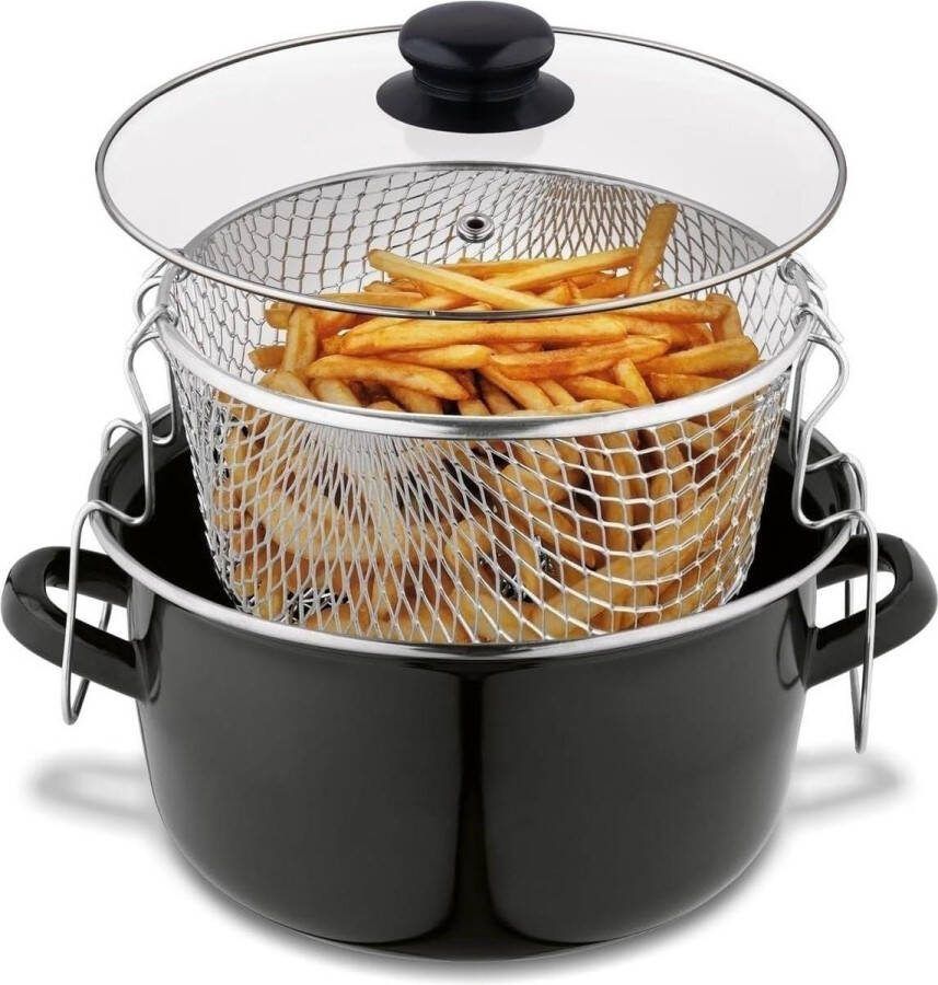 Zwarte Emaille Frituurpan met Mand en Glazen Deksel Kleine Friteuse met Zeef Stalen Pan voor Frituren