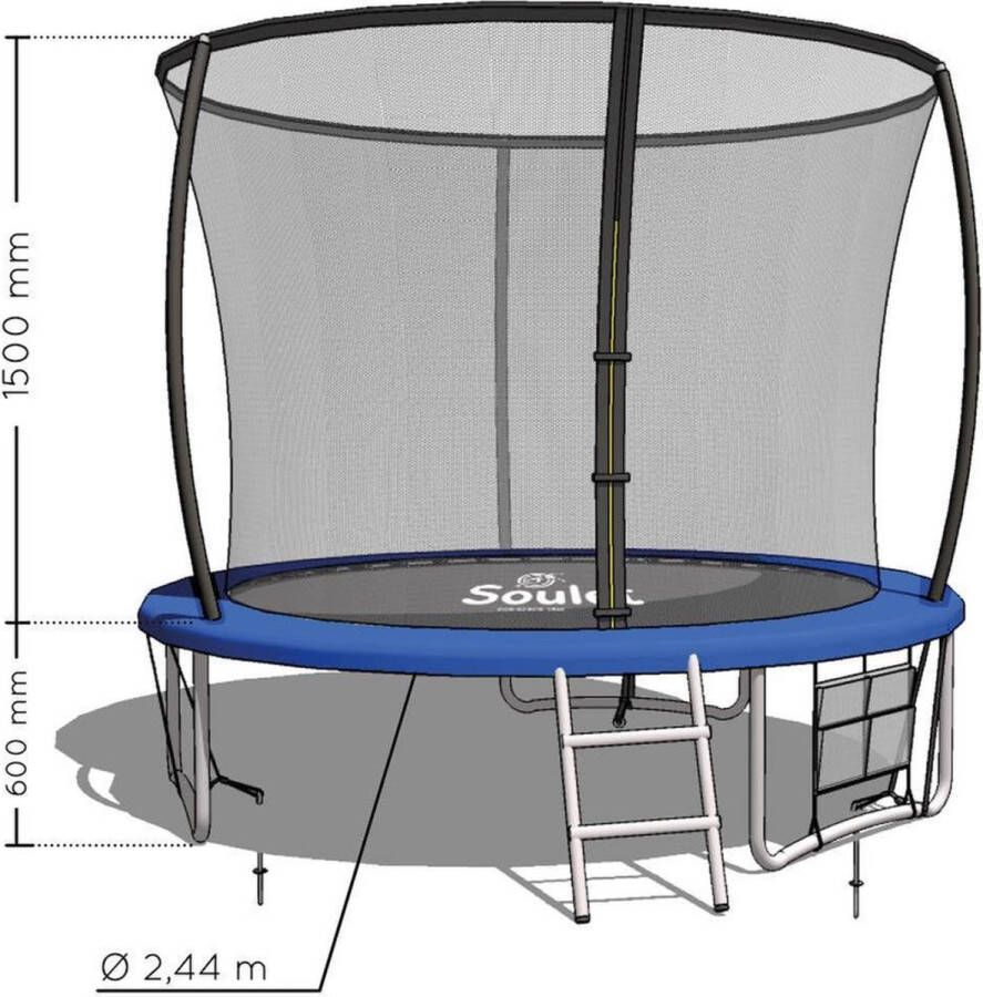 Zwarte en blauwe Soulet trampoline diameter 2 44 m