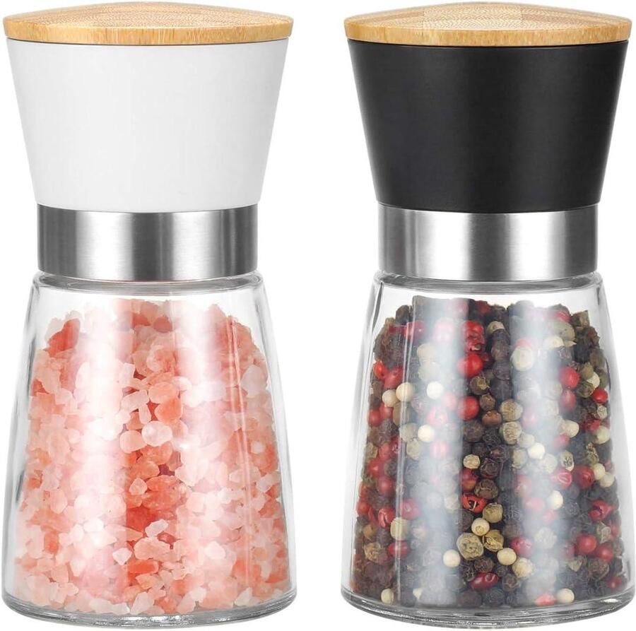 Zwarte en witte zout- en pepermolenset makkelijk bij te vullen keramische kruidenmolen voor keuken instelbare grofheid vers houdbare houten deksels salt and pepper grinder set copper