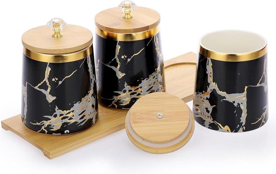 Zwarte keramische opbergbus met houten deksel en dienblad luchtdichte 3 stuks voedselopslagcontainers voor koffie thee suiker voorraadpotten met houten deksel en glazen handvat