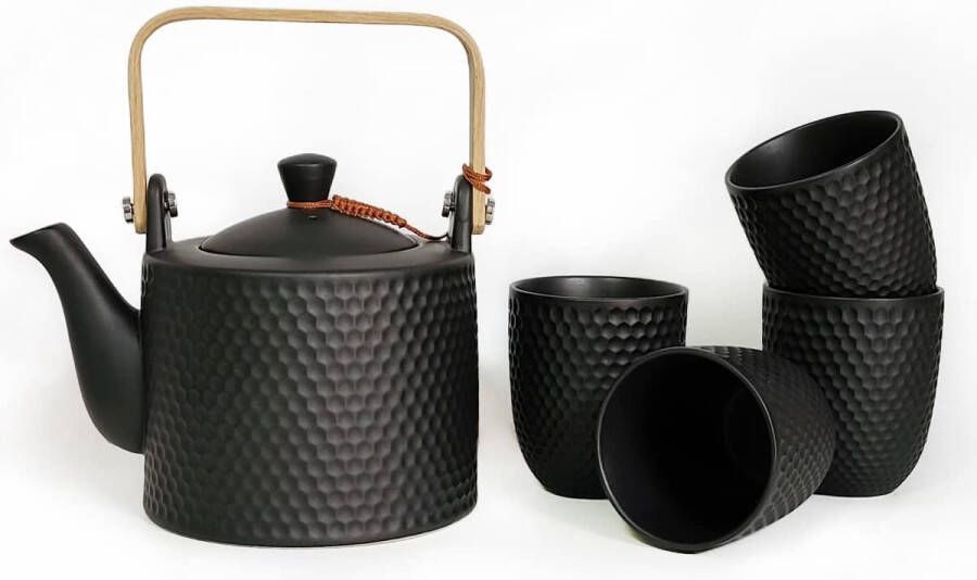 Zwarte keramische theepot porseleinen theepot met zeef 900ml met 4 theekopjes 180ml voor losse thee modern theeservies van hittebestendig keramiek en bamboe