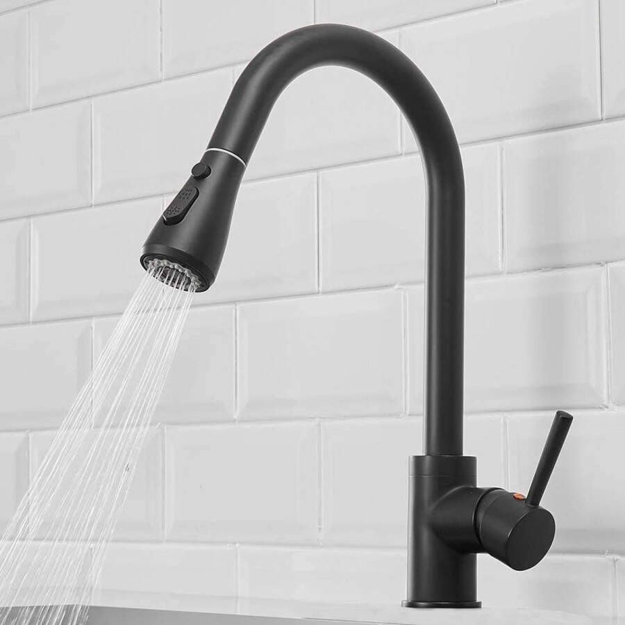 Zwarte keukenkraan met uittrekbare sproeier waterkraan keuken 360° draaibaar mengkraan voor keuken armatuur eenhandsmengkraan voor keuken gootsteen spoelbakarmatuur