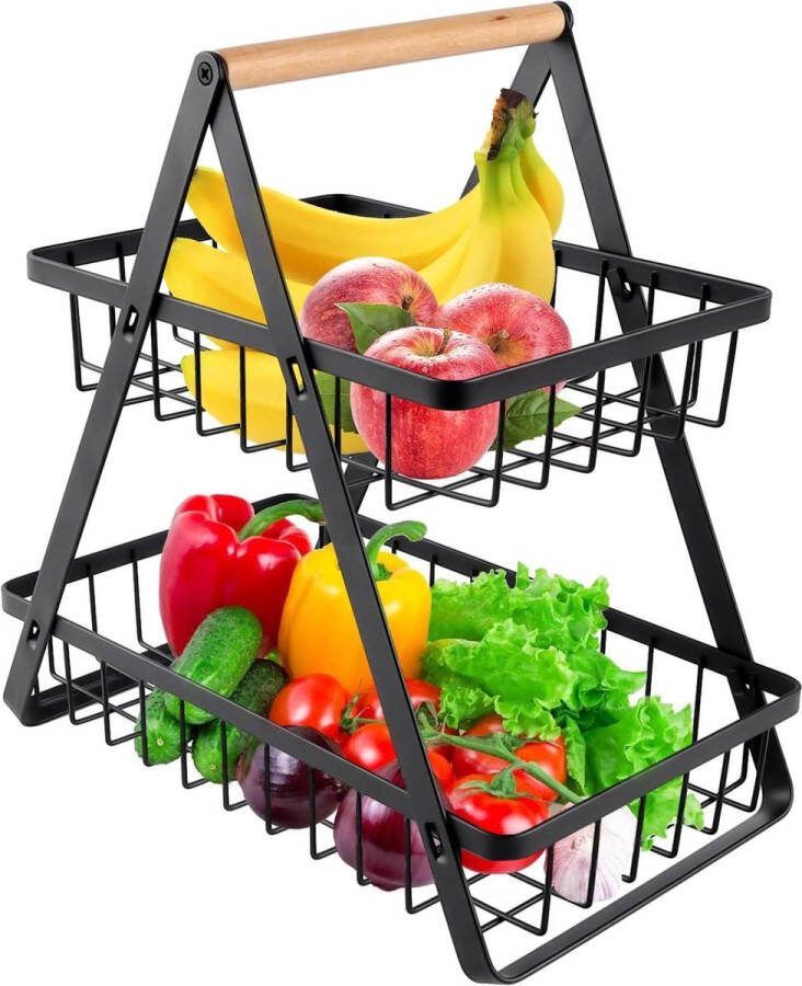Zwarte metalen fruitmand 2 verdiepingen fruit etagère met handvat voor groenten snacks thuis keuken kantoor Fruitschaal