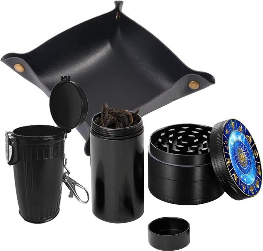 Zwarte metalen kruidenmolen zinklegering 4-delig 20-inch sterrenbeeldpatroon Herb Grinder Set met mini-asbak en verzegeld glas inclusief leren rollade