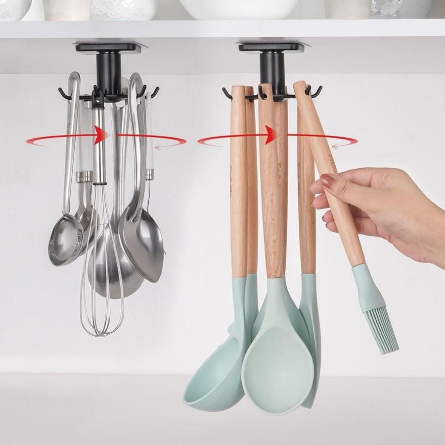 Zwarte roterende keukengereihouder [2 stuks] 360° roterende keukenhaak voor ovenhandschoenen kopjes theedoeken sleutels niet boren zelfklevende pads houdt maximaal 2 kg