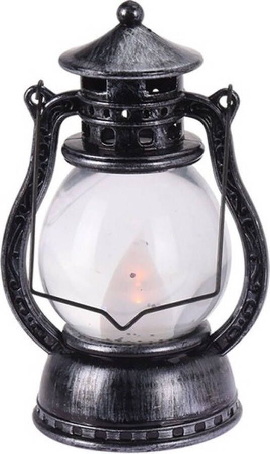 Merkloos Halloween Feestverlichting zwart grijs kunststof Halloween lantaarn 12 cm met vlam effect LED verlichting Feestdecorat