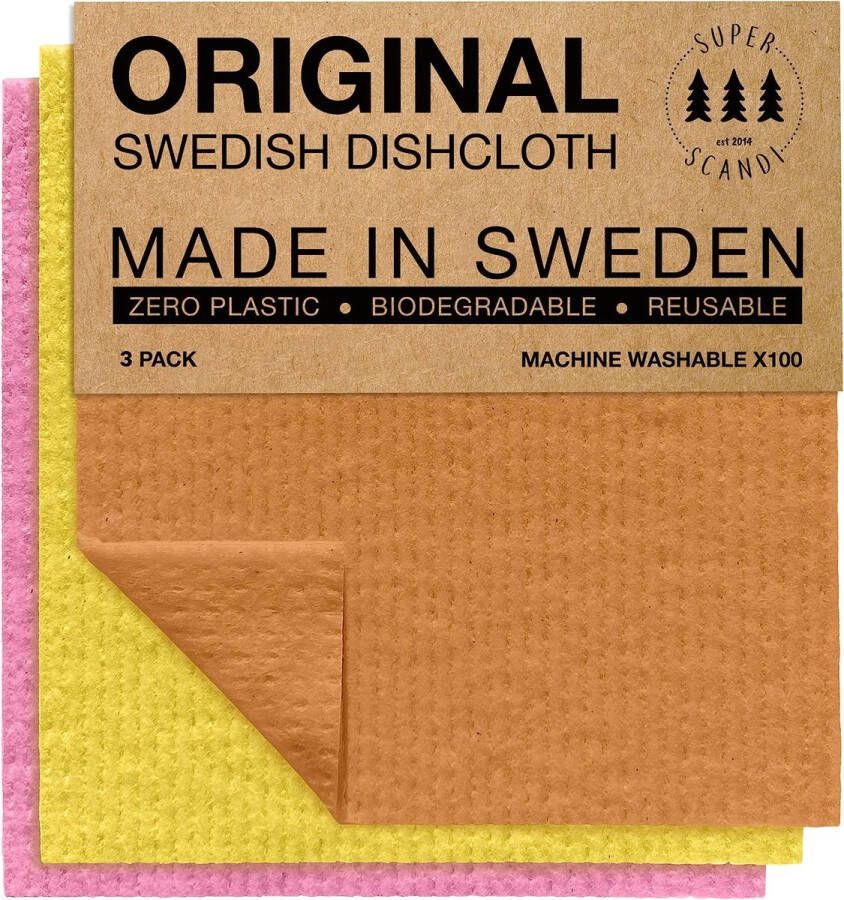 Zweedse vaatdoeken herbruikbare biologisch afbreekbare cellulosesponsreinigingsdoeken voor keuken papieren handdoek vervangende washandjes (3 grote doeken roze oranje geel)
