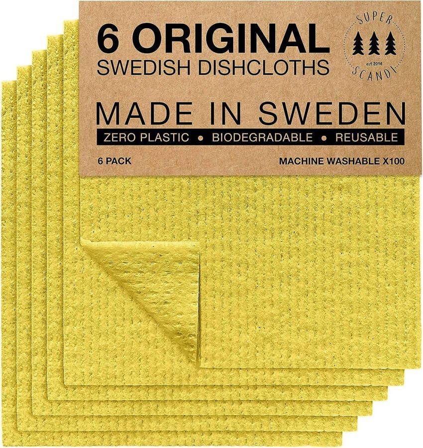 Zweedse vaatdoeken milieuvriendelijk herbruikbaar duurzaam biologisch afbreekbaar cellulosesponsreinigingsdoeken voor keuken vaatdoeken wasdoekjes vervanging van papieren handdoeken washandjes (6 stuks geel)