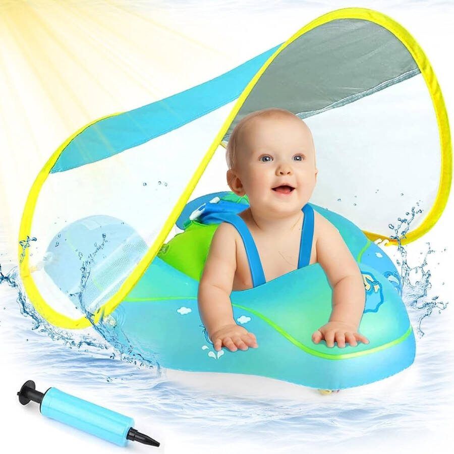 Zwemring baby met zonnekap opblaasbare babyvlotter zwemring zwemband baby met opblaasbare zwemboei zwemhulpspeelgoed babyzwemring vanaf 3 maanden ~ 72 maanden roze