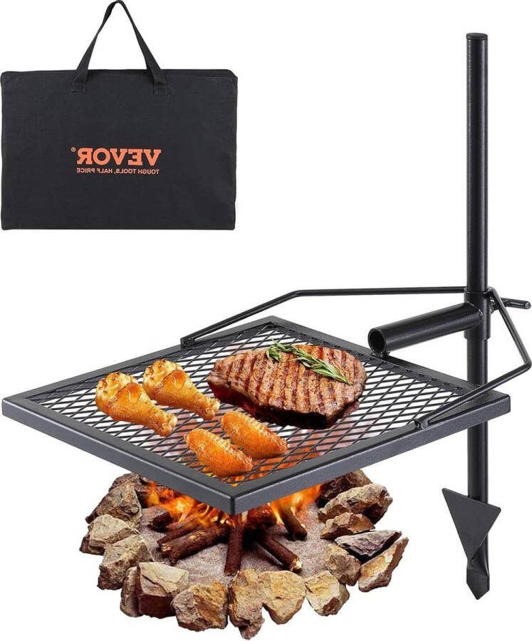Zwenkgrill staal 405 x 405 mm houtskoolgrill draagbaar grillrooster draaispies 6 kg belastbaarheid 300 °C vrijstaande BBQ grill grillwagen camping