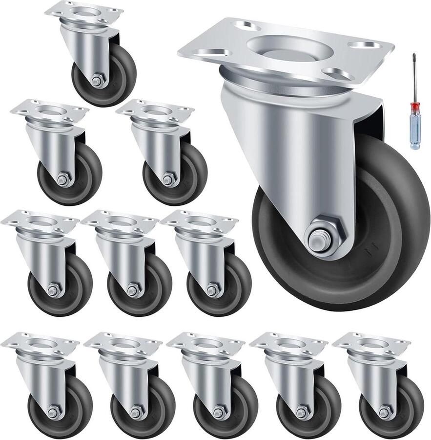 Zwenkwielen 50 mm diameter rubberen meubelwielen transportwielen 12 stuks met 48 schroeven draagkracht 50 kg per zwenkwiel heavy duty wheel