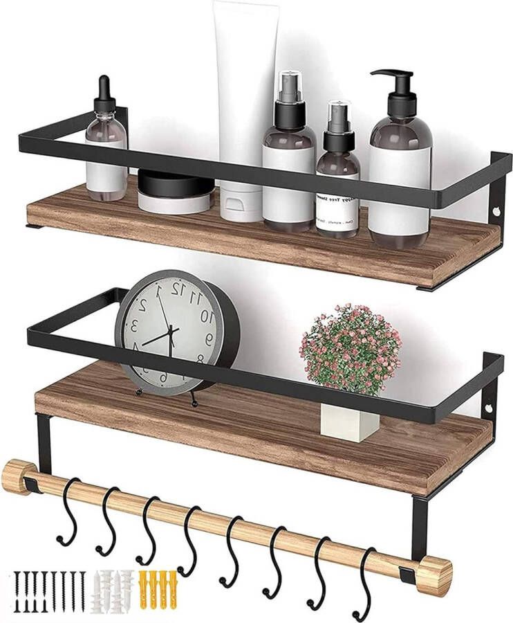 Zwevend wandrek houten rek voor keuken 2 stuks plank met handdoekhouder en 8 haken ideaal voor woonkamer badkamer wanddecoratie koffie rek
