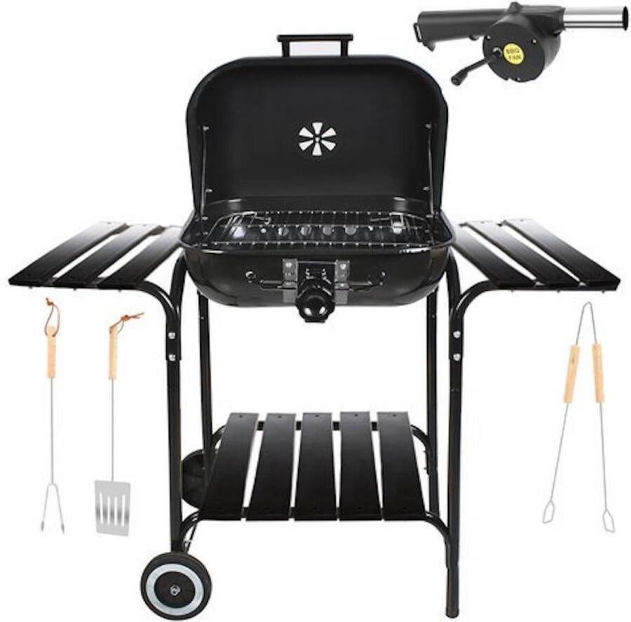 EASTWALL Charcoal Grill barbecue XL BBQ met zijtafel Mobiele houtskool barbecue Incl. BBQ gereedschap en ventilator 97.5x46.5x82 cm RVS Zwart