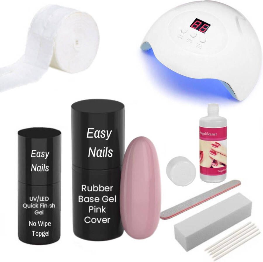Easy Nails Rubber Base Gellak Starterspakket – Set voor Gelnagels – Pink-Cover – Rubber Base Gel – Inclusief Nagellamp (LED)