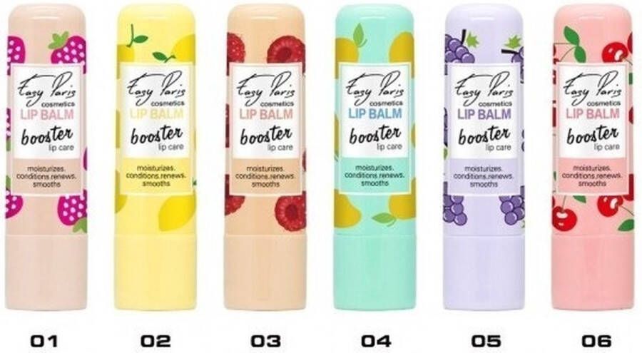 Easy Paris Cosmetics Set met 6 verrukkelijke Lip Balm Boosters Aardbei Citroen Kers Perzik Druif Framboos