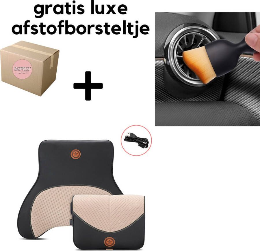 EazyPeezy Auto Massage Kussen en Rugsteun Elektrisch Aansluitbaar USB Autolader Beige