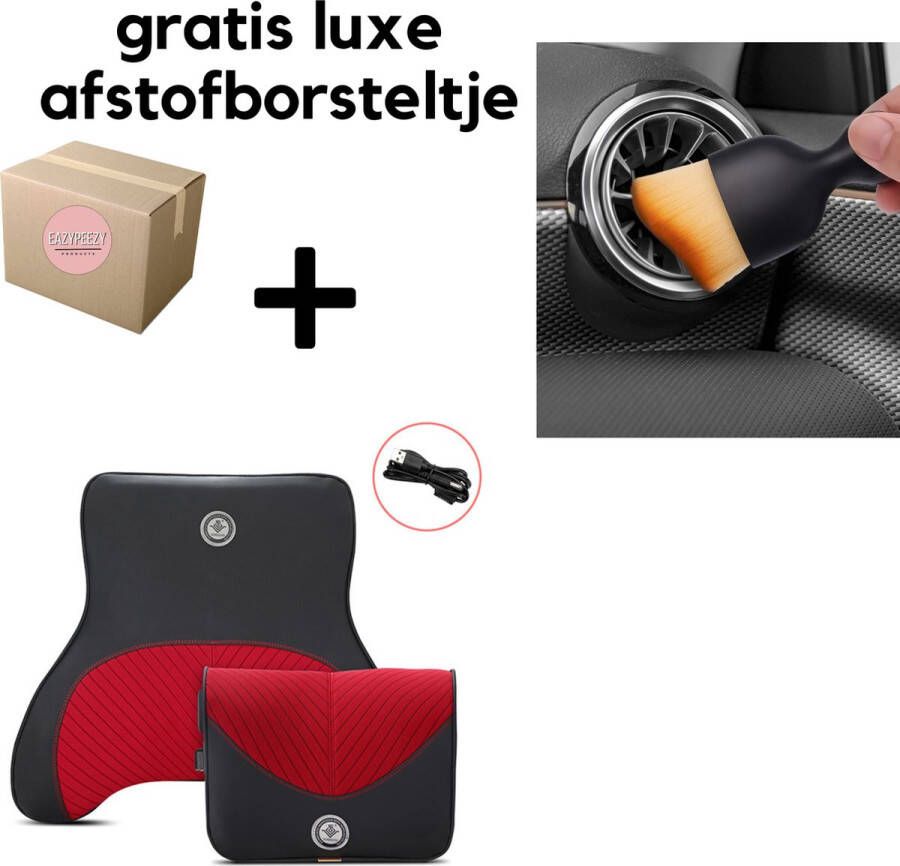 EazyPeezy Auto Massage Kussen en Rugsteun Elektrisch Aansluitbaar USB Autolader Rood