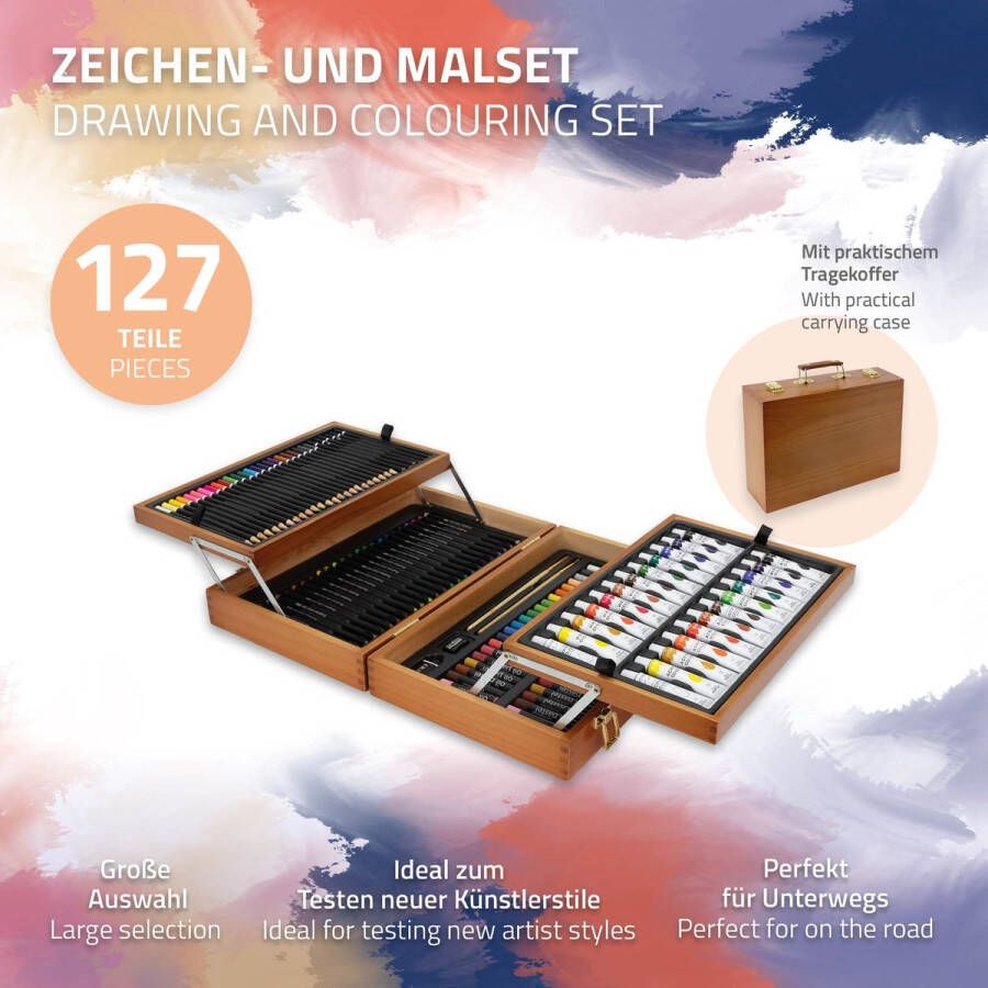 Ecd germany 127-delige schilderset met houten kist schilderskist voor kinderen XXL verfdoos kunst- en tekenset acrylverf aquarelverf kleurpotloden pastels fineliners potloden pastels & accessoires