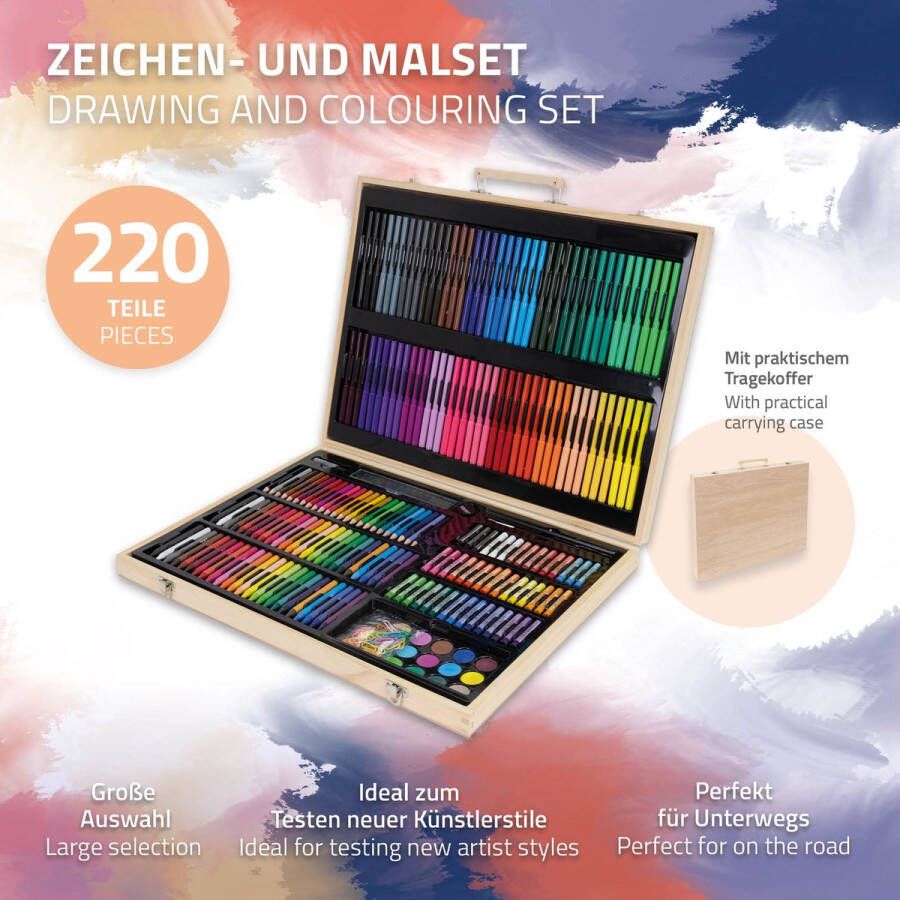 Ecd germany 220-delige schilderset met houten kist schilderkist voor kinderen XXL verfdoos kunst- en tekenset acrylverf kleurpotloden waskrijt aquarel & accessoires tekenkunstenaarsset