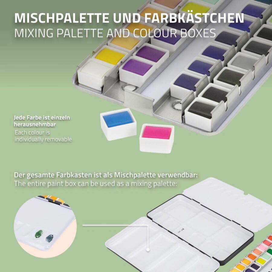 Ecd germany Aquarelset 48 kleuren in draagbare doos incl. 3 penselen 1 potlood 2B 2 aquarelpotloden 4 aquarelpapieren volledig aquarelpalet verfdoos aquarelset voor beginners en professionals