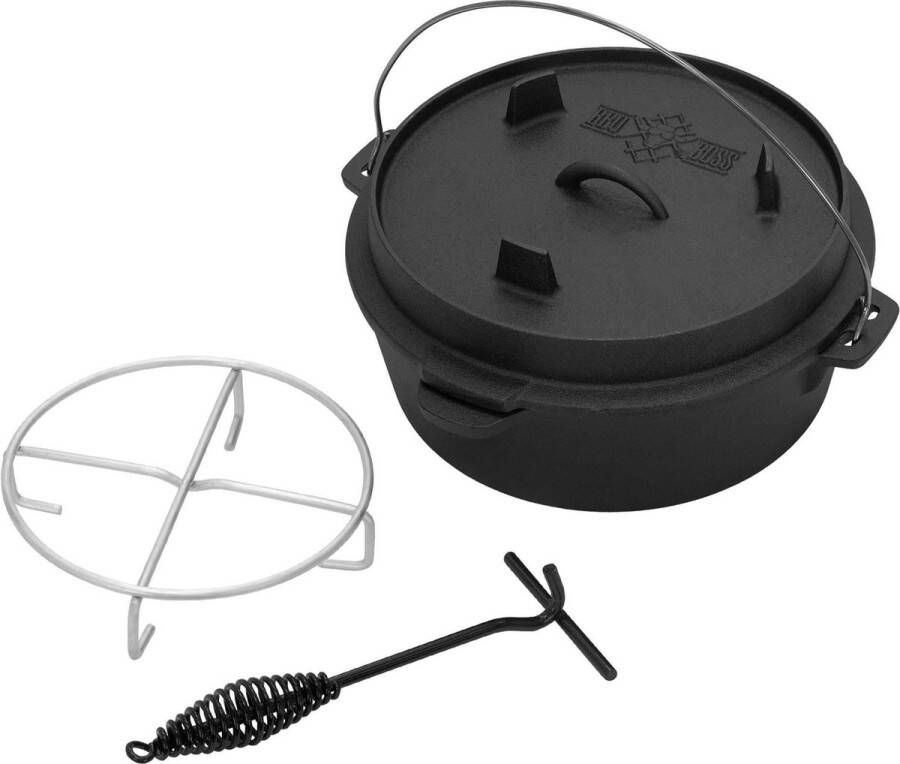 BBQ#BOSS Dutch Oven Set BBQ 7.3L zwart gietijzer met dekselheffer en onderzetter