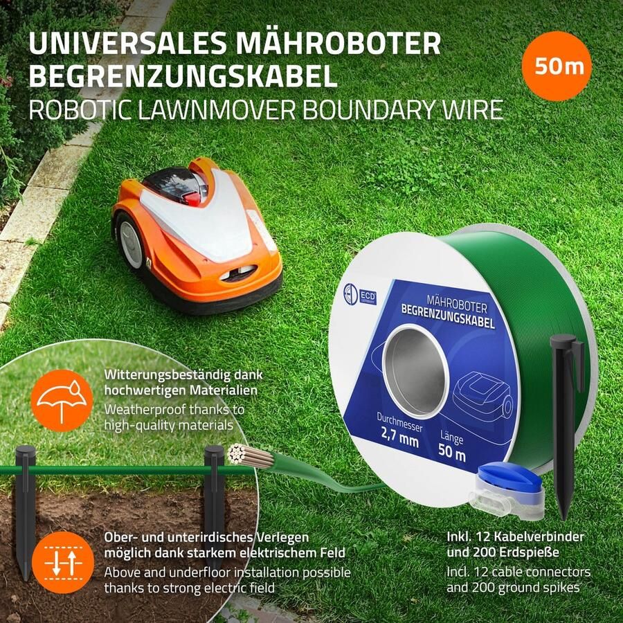 Ecd germany Universele 50m grensdraad voor robotmaaier + 200 haringen
