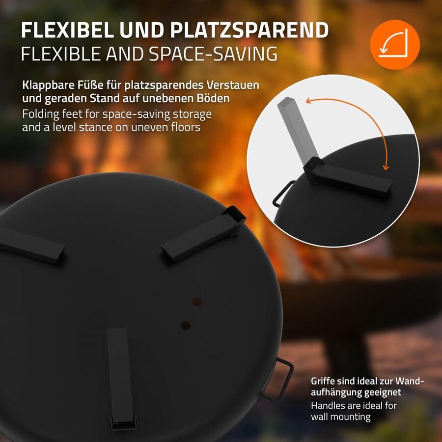 Ecd germany Vuurschaal Ø70 x 27 cm met 3 inklapbare poten driepoot vuurplaats voor in de tuin ronde stalen vuurkorf met 2 handgrepen & 2 afvoergaten ijzeren vuurschaal voor buiten BBQ camping