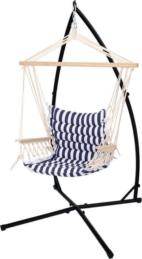 ECD Germany Design hangstoel blauw wit 45x100x43 cm gemaakt van katoen hardhout belastbaar tot 120 kg