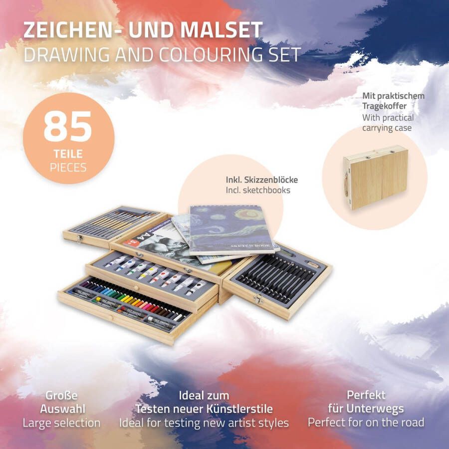 ECD Germany Houten schilderskoffer 85-delig met penselen potloden acrylverf en schetsblokjes