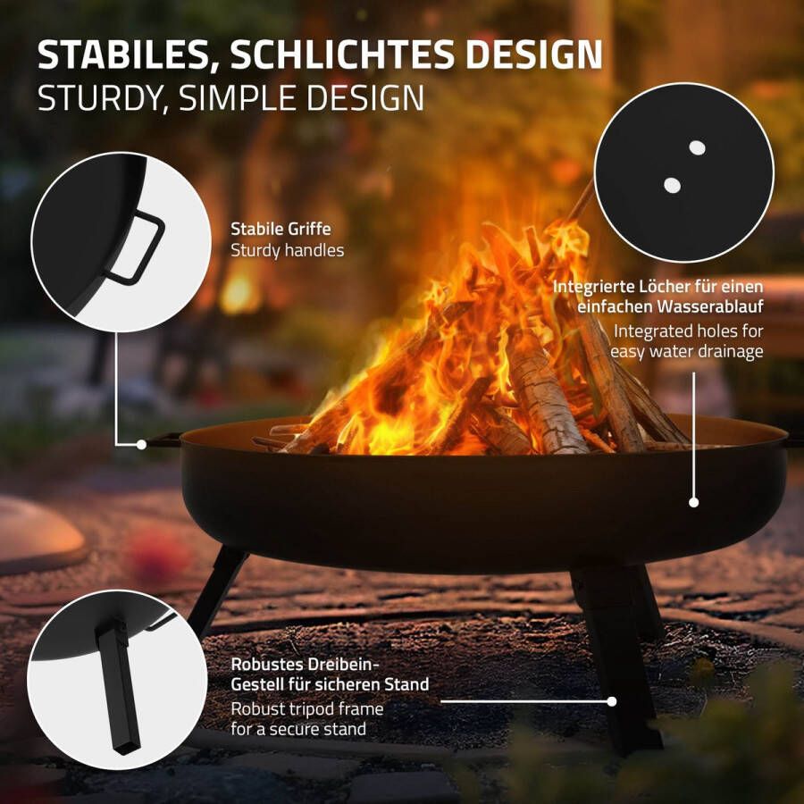 Ecd germany Vuurschaal Ø60 x 27 cm met 3 inklapbare poten driepoot vuurplaats voor in de tuin ronde stalen vuurkorf met 2 handgrepen & 2 afvoergaten ijzeren vuurschaal voor buiten BBQ camping