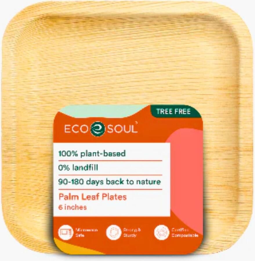 Eco Soul [Just Jute It]Biologisch afbreekbare vierkante bordenset van palmbladeren groot (16 cm) milieuvriendelijk en composteerbaar
