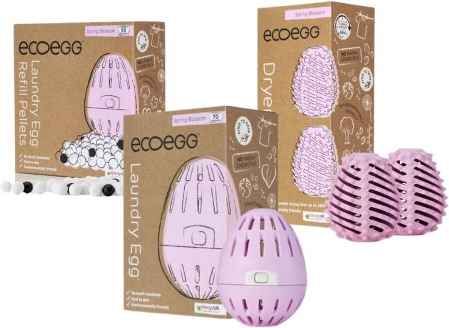 Ecoegg Combi-pack – Was ei met navulling & 2 Droger ballen – Complete wasset – 3-delig – Lente bloemen – Roze