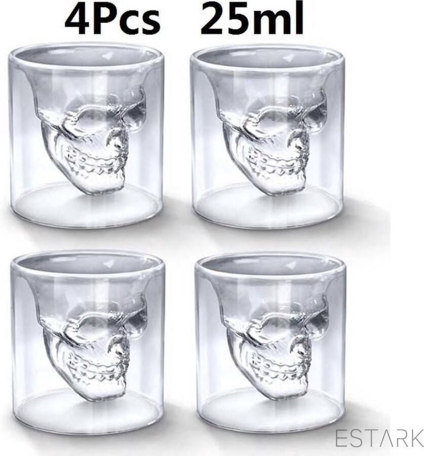 ECOSTARE Shotglas Skull Doodskop Shotglazen Borrelglas Borrelglazen Glas 25 ML Shot glaasjes Skull Glass Schedel Shot Drank Set van 4 STUKS