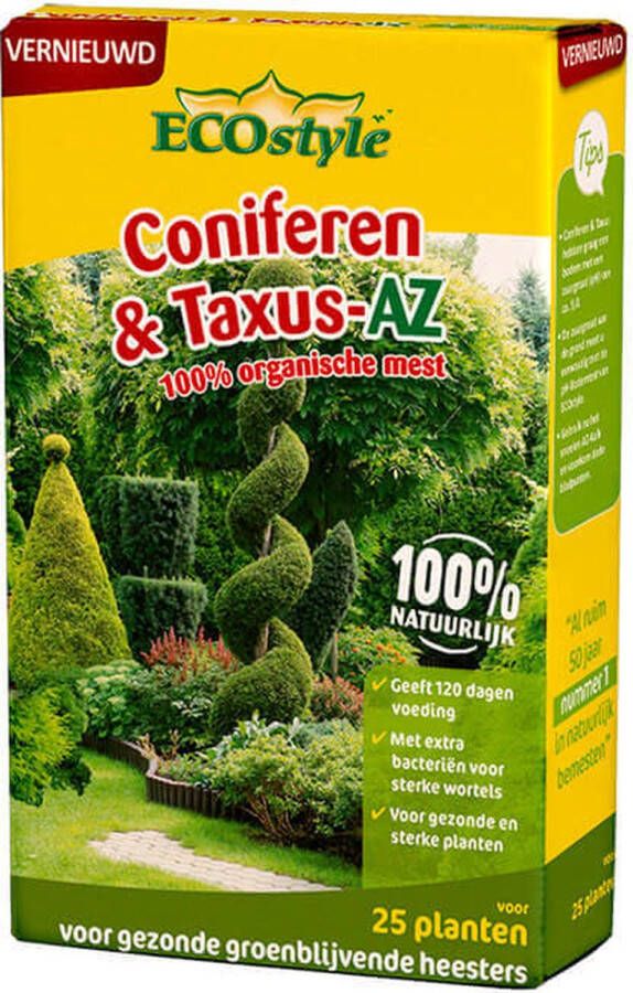 ECOstyle Coniferen & Taxus-AZ Organische Tuinmest Sterke & Diepgroene Coniferen 120 dagen Voeding Gezonde & Groenblijvende Heesters voor 50 Planten 1 6 KG